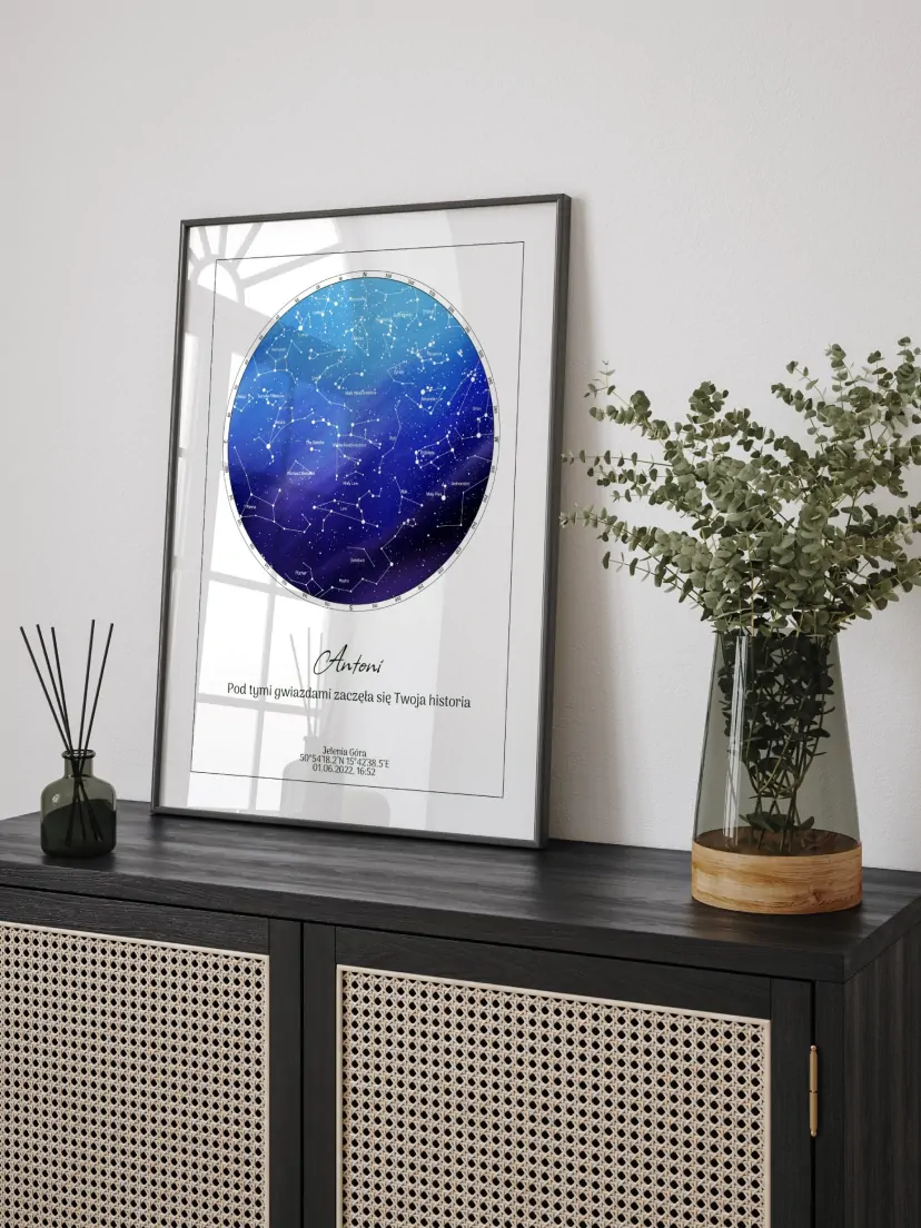 Illustration détaillée d'une carte du ciel, un poster montrant les constellations à un moment précis dans le temps.